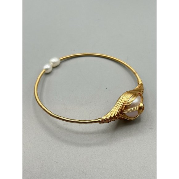 Wire Wrapped Pearls Bracelet Gold Tone Wire and Genuine Pearls Bangle Cuff - Picture 3 of 7
